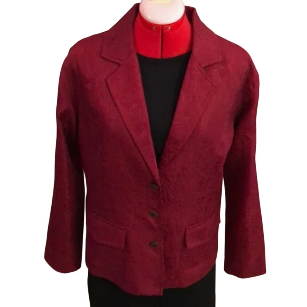 Chico's Red Jacquard Blazer Jacket Button‎ Front Size 2 Large